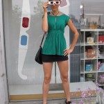 Christine Marie poses in front of a large pair of stereoscopic glasses, which she drove by and had to check out (LA, CA)