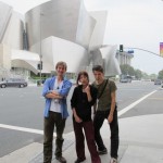 Steven, Jessica, and Russell take a lunch break across from our theater (that's the LA Disney Hall behind us... the REDCAT is in the basement of that UFO).